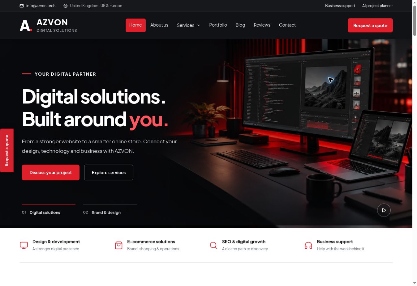 AZVON corporate website design concept in black, white and red